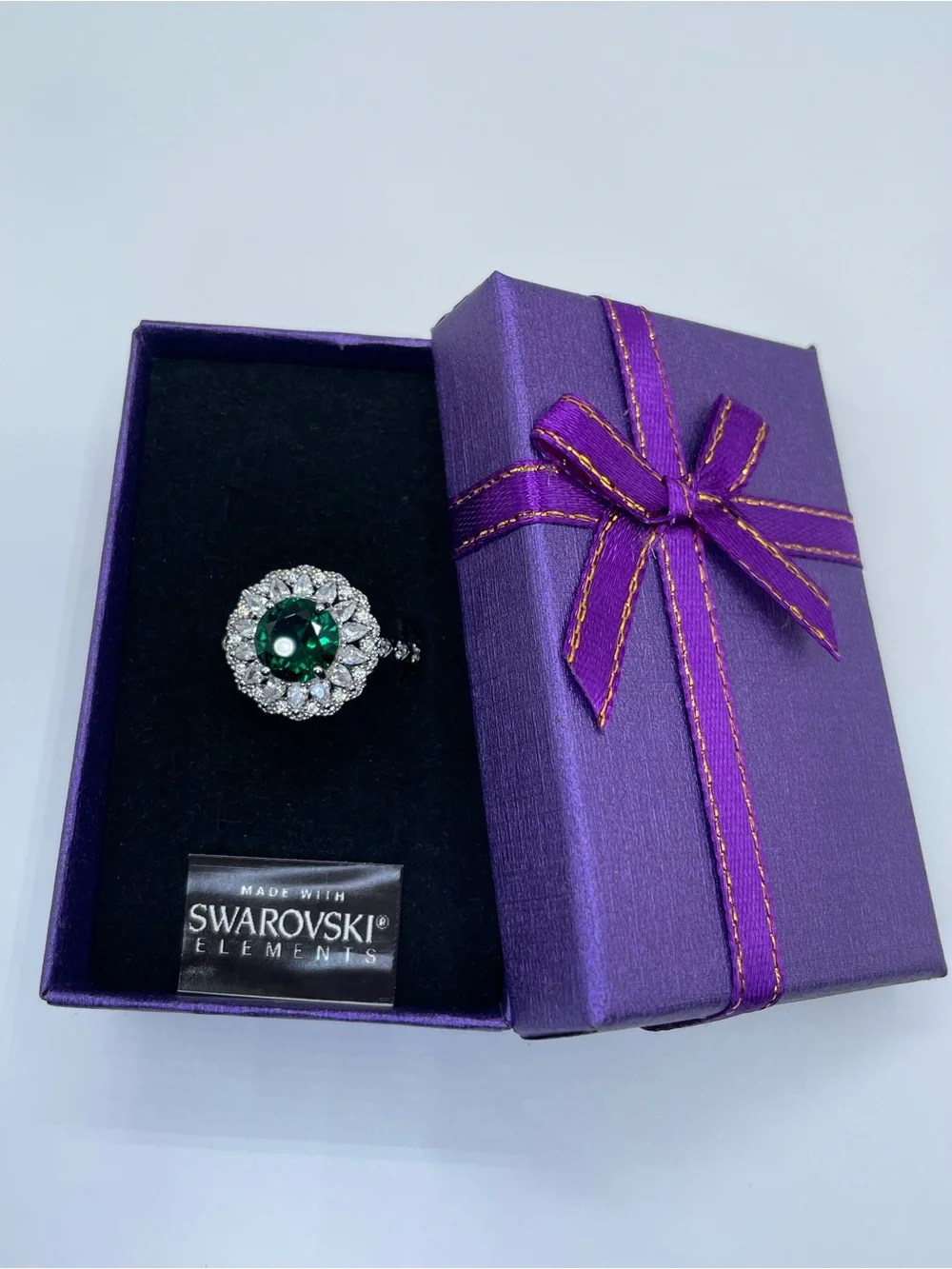 Swarovski Crystal Elements Emerald Green Crystal Halo Art Deco Ring Sz 10